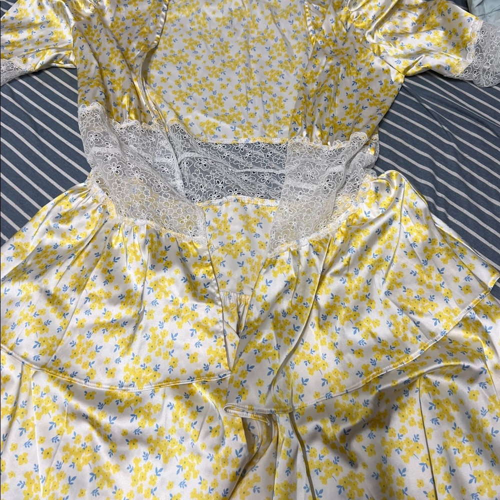 Lacey, yellow and white robe